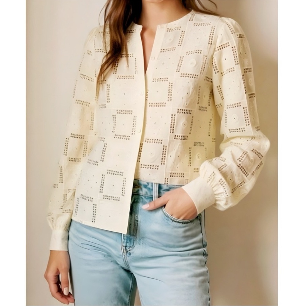 Sezane Amerie Long Sleeve Embroidered Shirt, Ecru, FR34/US2